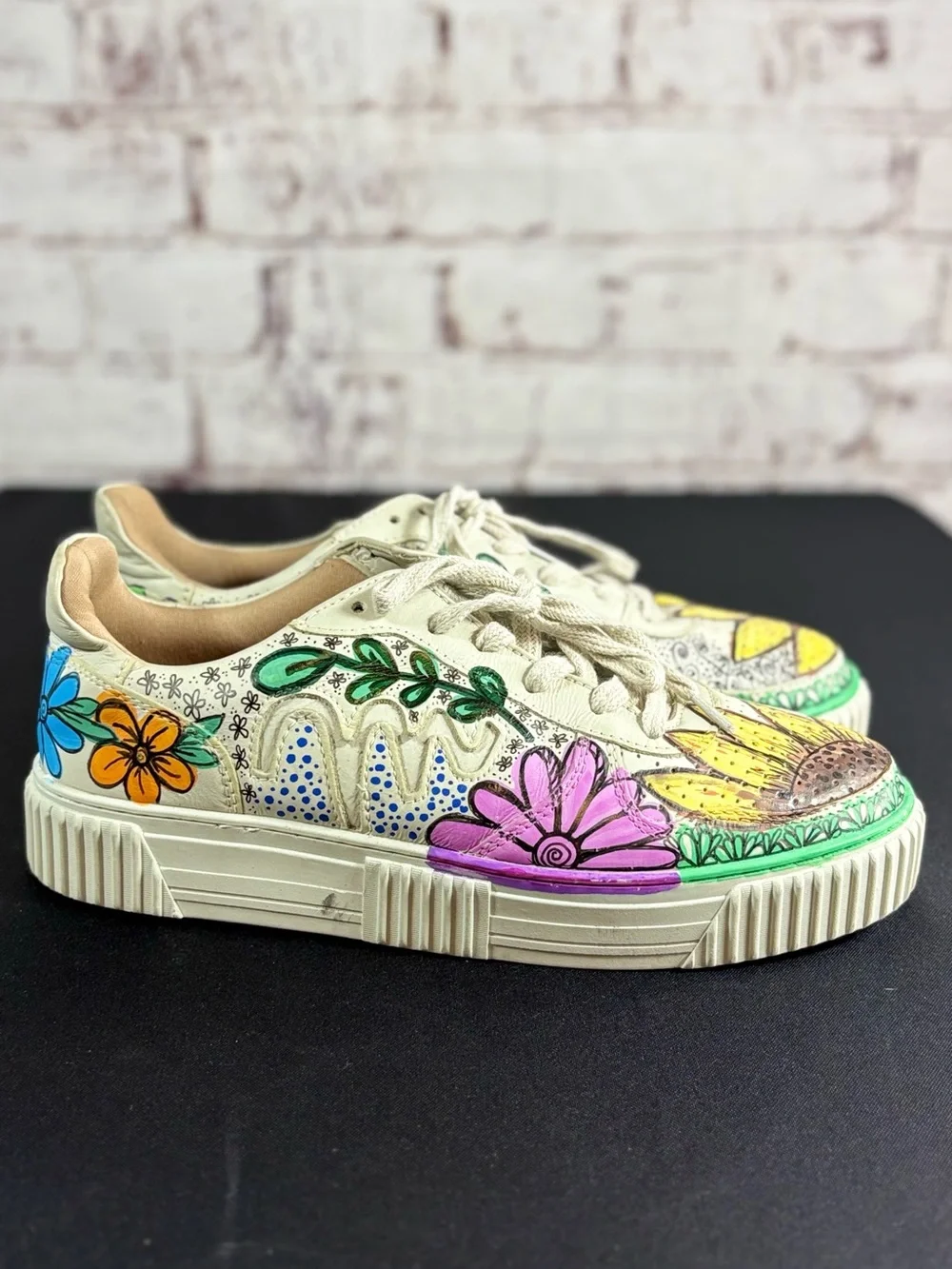 Hand-Painted Floral Platform Sneakers - Cream Canvas with Multicolor Flowers